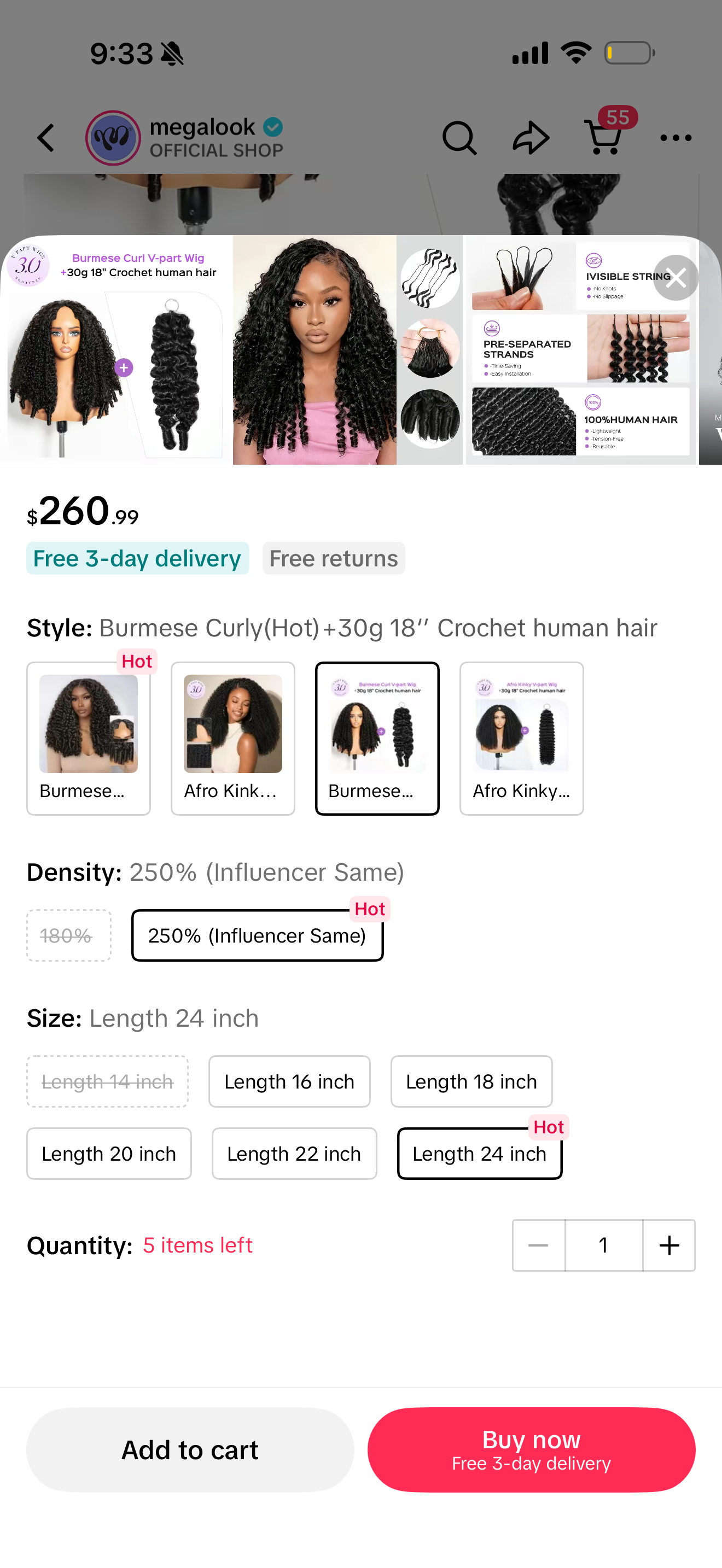 Mia - 24” Burmese Curly Half Wig